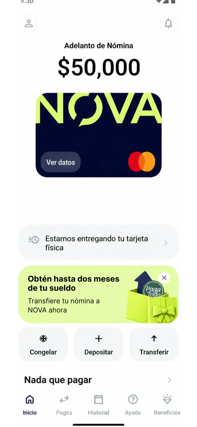 Pantalla de la app NOVA con el saldo del Adelanto de Nómina