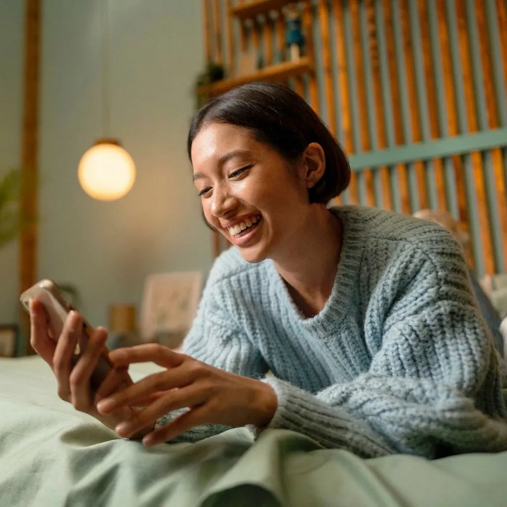 Mujer sonriente revisando su cashback en la app NOVA